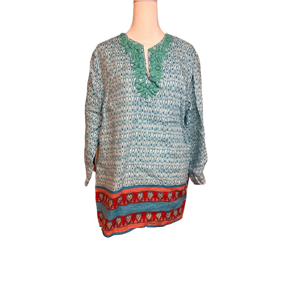 Jones New York signature patterned long-sleeve tunic beaded turq neckline L-XL